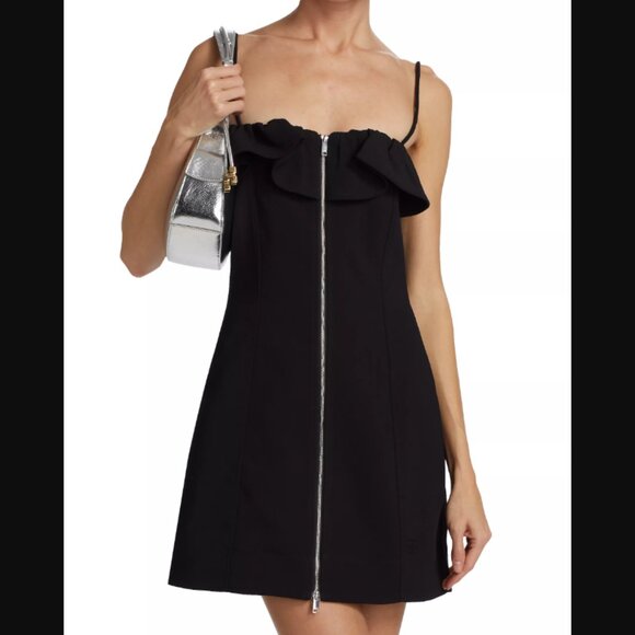 Ganni Crepe Flounce Zip Minidress in Black Size 6 - Picture 1 of 5